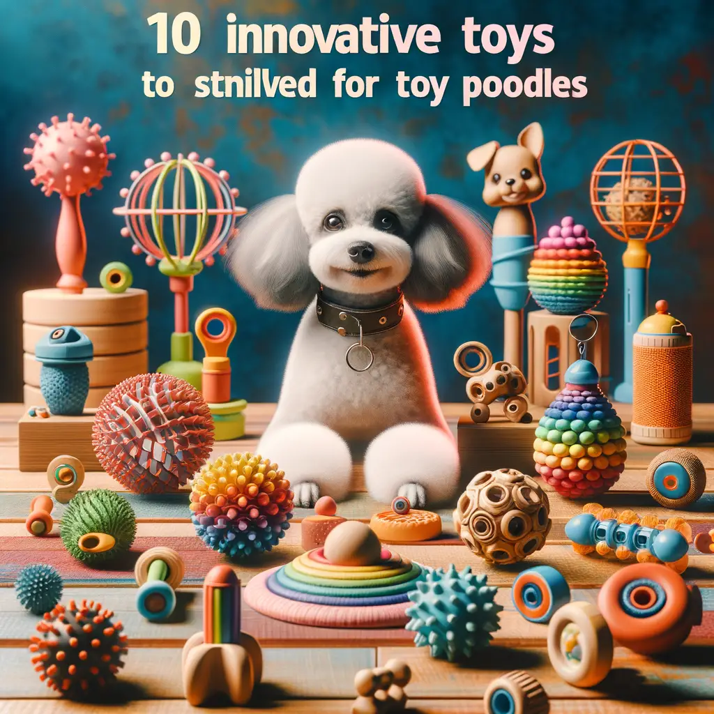 Colorful assortment of top 10 interactive toys for Toy Poodles, showcasing brain-boosting and mental stimulation features for optimal Toy Poodle brain health.