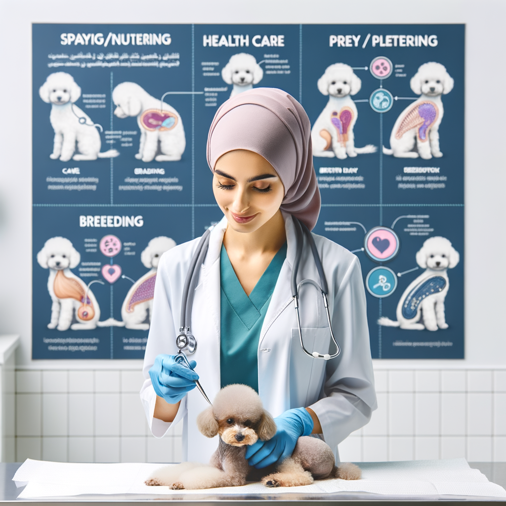 Professional vet performing Toy Poodle spaying/neutering procedure in a clinic, with infographics highlighting the benefits, drawbacks, health, care, breeding, and lifespan aspects of spaying/neutering Toy Poodles.
