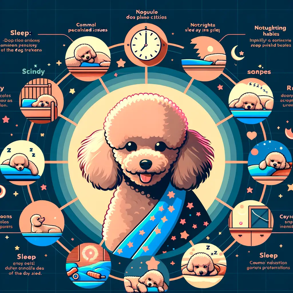 Infographic of Toy Poodle Sleep Habits and Poodle Sleep Patterns, illustrating Understanding Poodle Sleep, Toy Poodle Sleep Cycle, Poodle Sleeping Behavior, Toy Poodle Night Routine, Poodle Sleep Issues, Toy Poodle Sleep Problems, and Toy Poodle Sleep Schedule.
