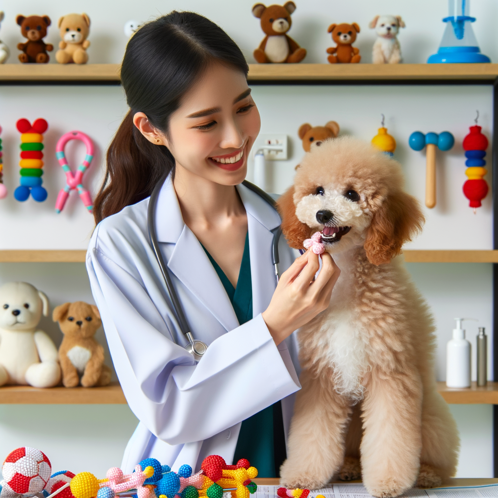Veterinarian demonstrating Toy Poodle teething relief methods, soothing sore gums with teething toys for Toy Poodles, emphasizing importance of Toy Poodle oral health and gum care.