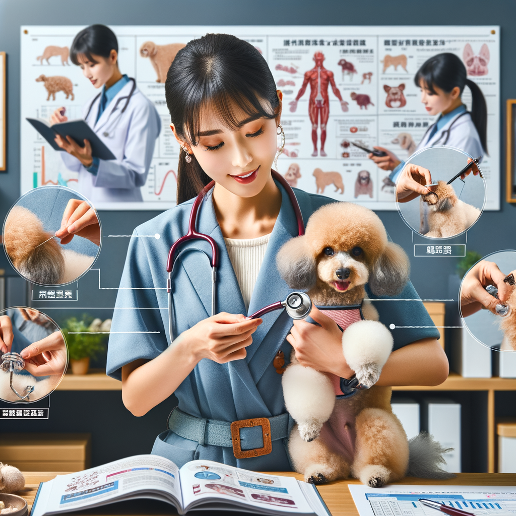 Professional vet demonstrating special needs toy poodle care, managing health issues, providing training tips, and showcasing a special needs diet and grooming techniques, with a toy poodle care guide and health care charts in the background.