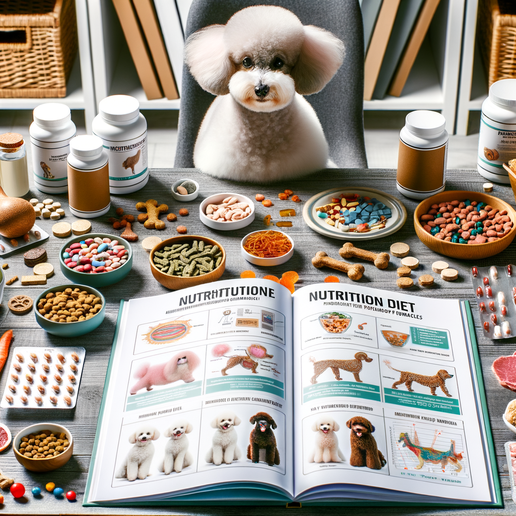 Assortment of best nutritional supplements for toy poodles displayed with a poodle nutrition guide book, emphasizing toy poodle dietary needs and health tips for a balanced diet.