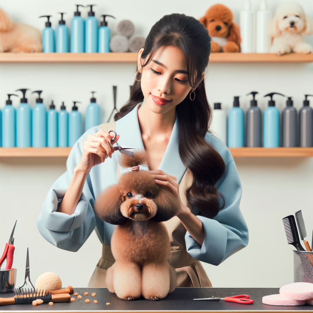 Professional groomer styling a toy poodle's hair into an adorable top knot, demonstrating toy poodle grooming and hair maintenance tips for maintaining cute poodle hairstyles.