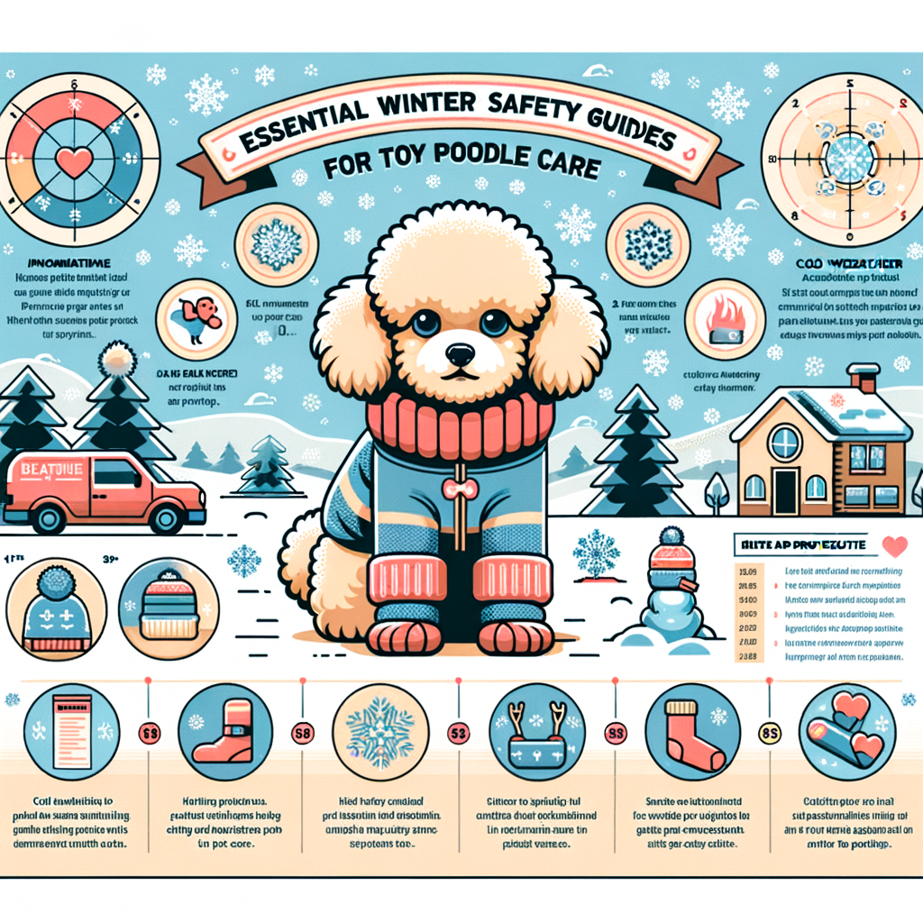 Infographic on Toy Poodle winter care guide, illustrating winter safety for Toy Poodles in cold climates, featuring a warmly dressed Toy Poodle and essential cold climate pet care tips.